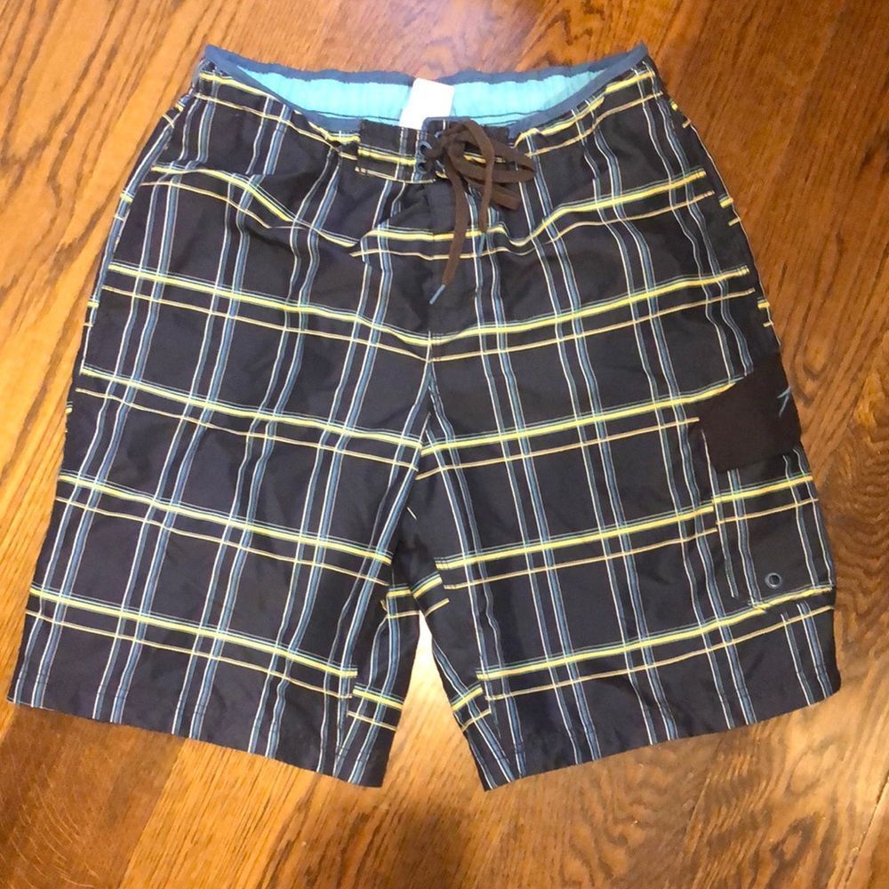 SPEEDO Mens Navy Blue Yellow Black Plaid Lined Cargo Swim Shorts Size Medium